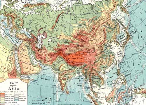 Physical Map of Asia from 1920