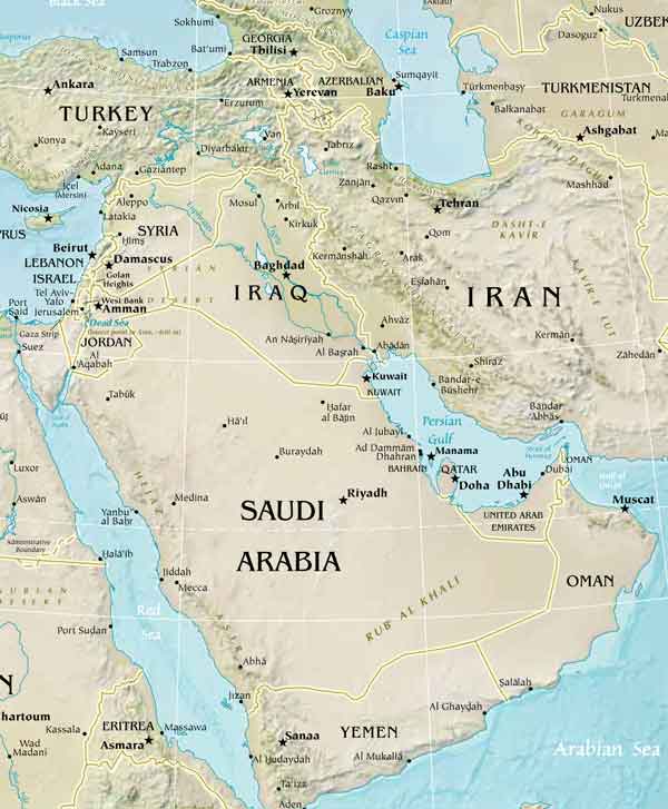 physical map of southwest asia mountains