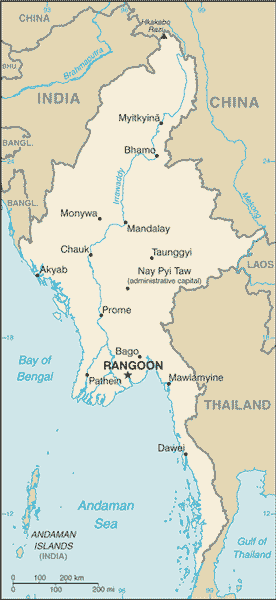 Physical Map of Myanmar / Burma